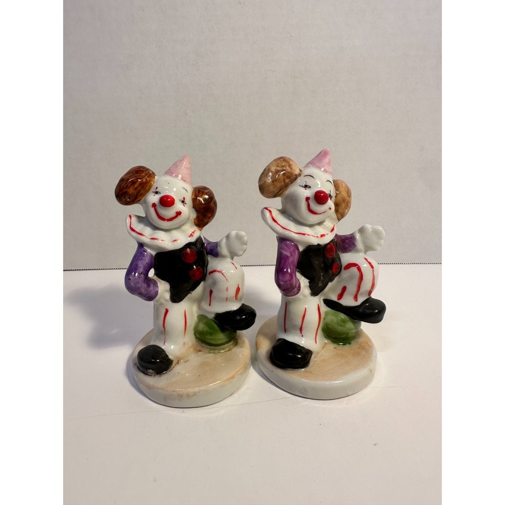 Vintage Flambro Taiwan Pair Ceramic Clown Figurines Musical Circus Retro 1980s